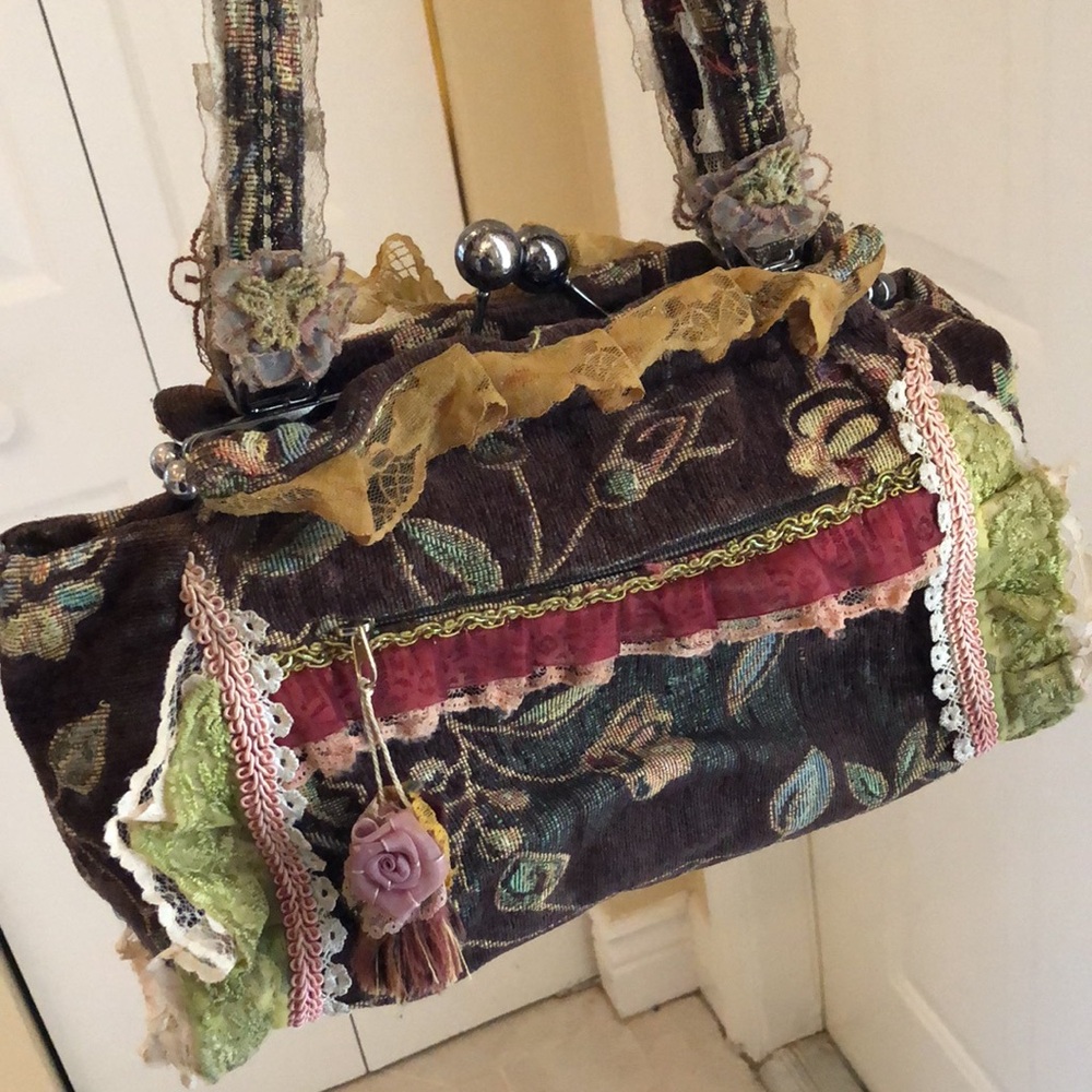 Moved - Handmade bohemian “carpet bag” brocade textile & lace zippered areas